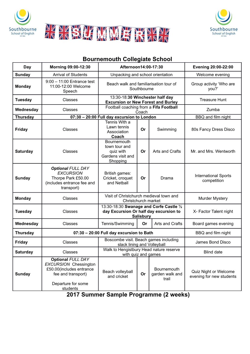 2017 Summer Sample Programme (2 Weeks)