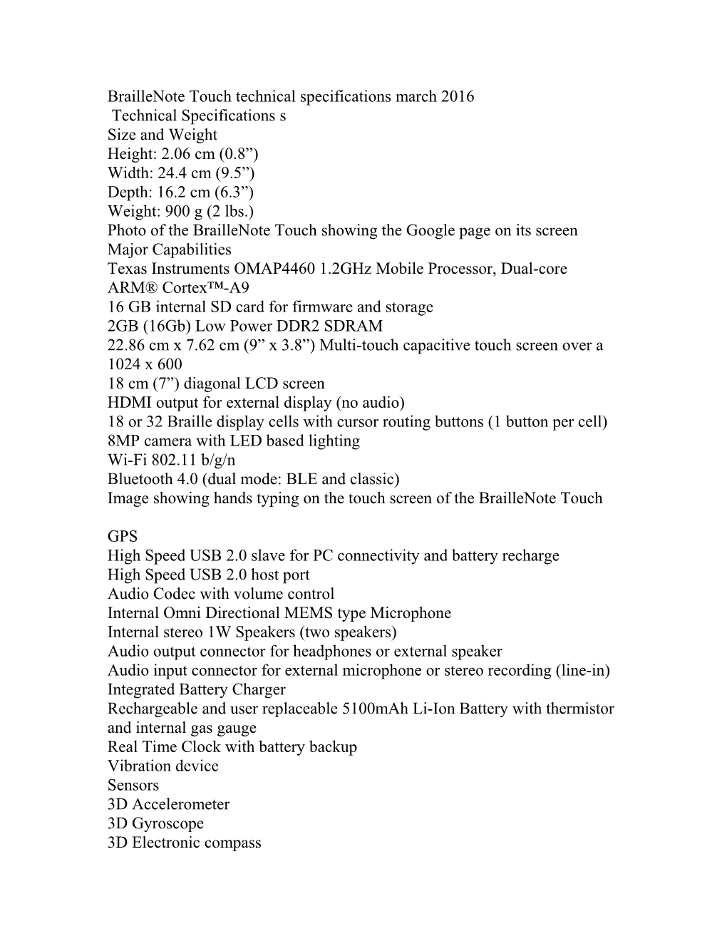 Braillenote Touch Technical Specifications March 2016