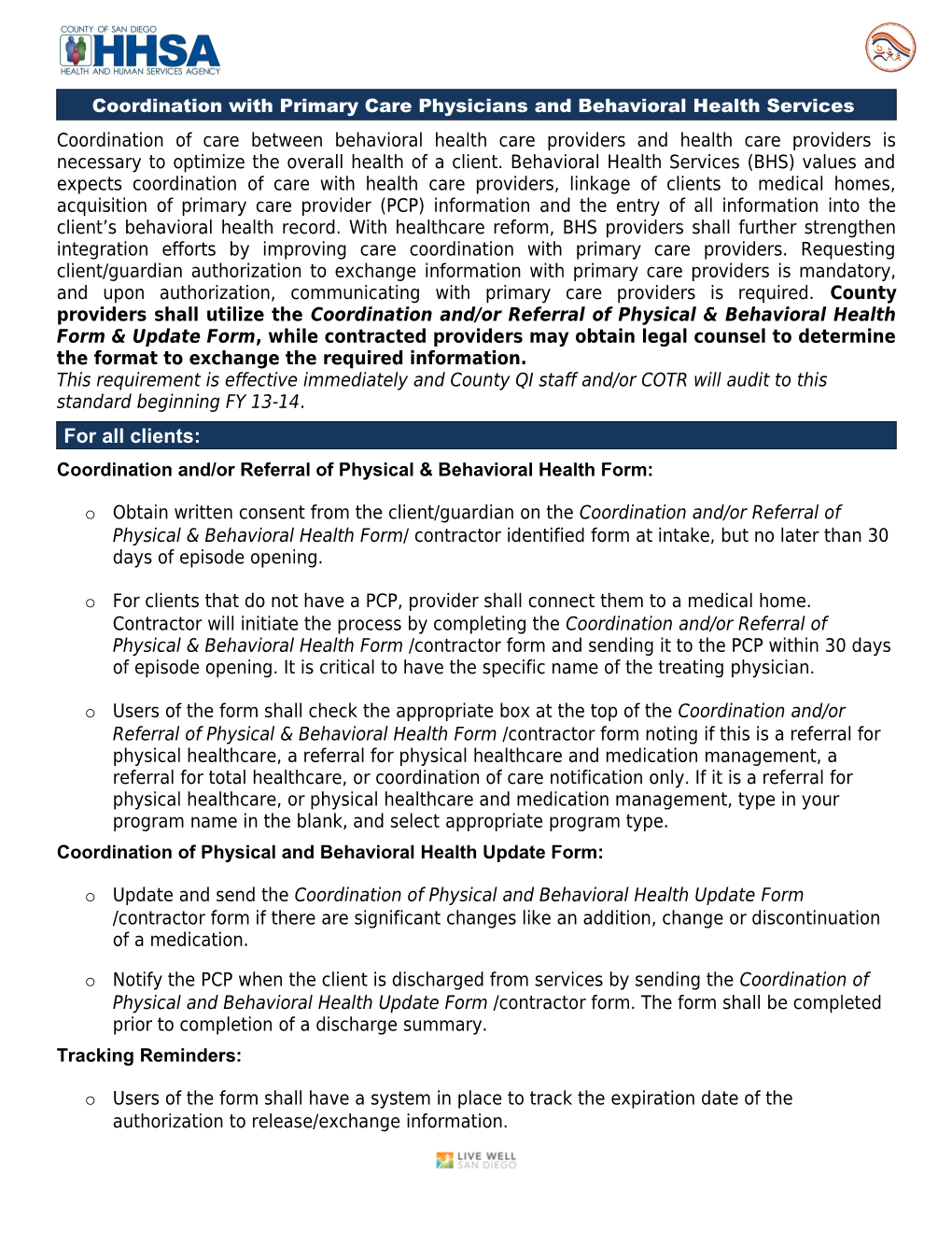 Coordination with Primary Care Physicians and Behavioral Health Services