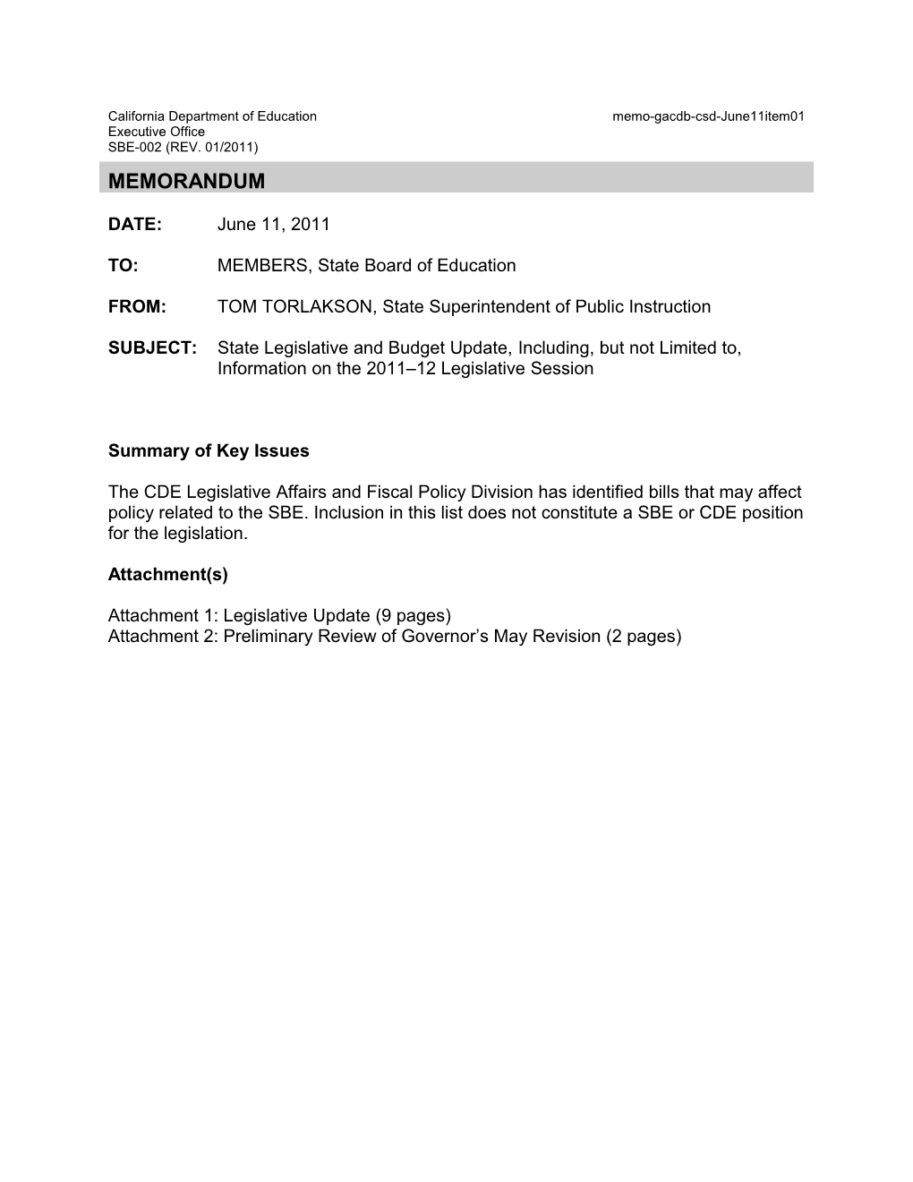 June 2011 Memorandum CSD Item 1 - Information Memorandum (CA State Board of Education)