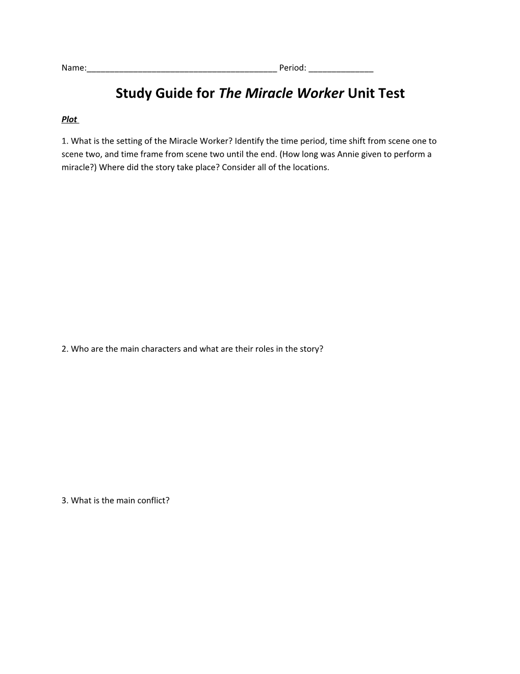 Study Guide for the Miracle Worker Unit Test