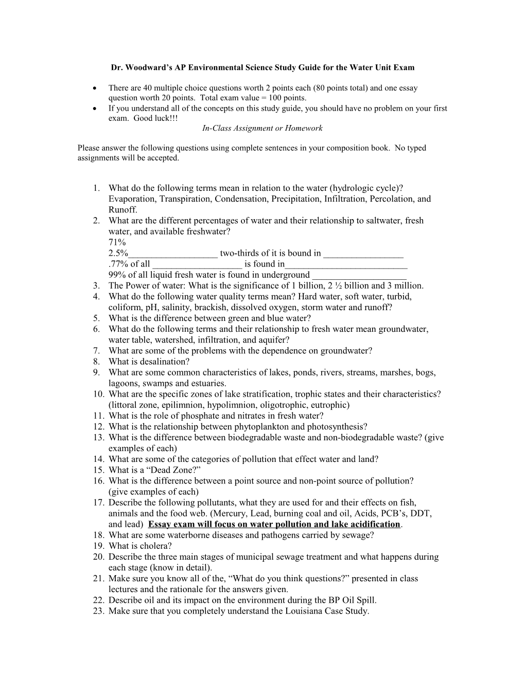 Environmental Science Study Guide for Water Unit Exam