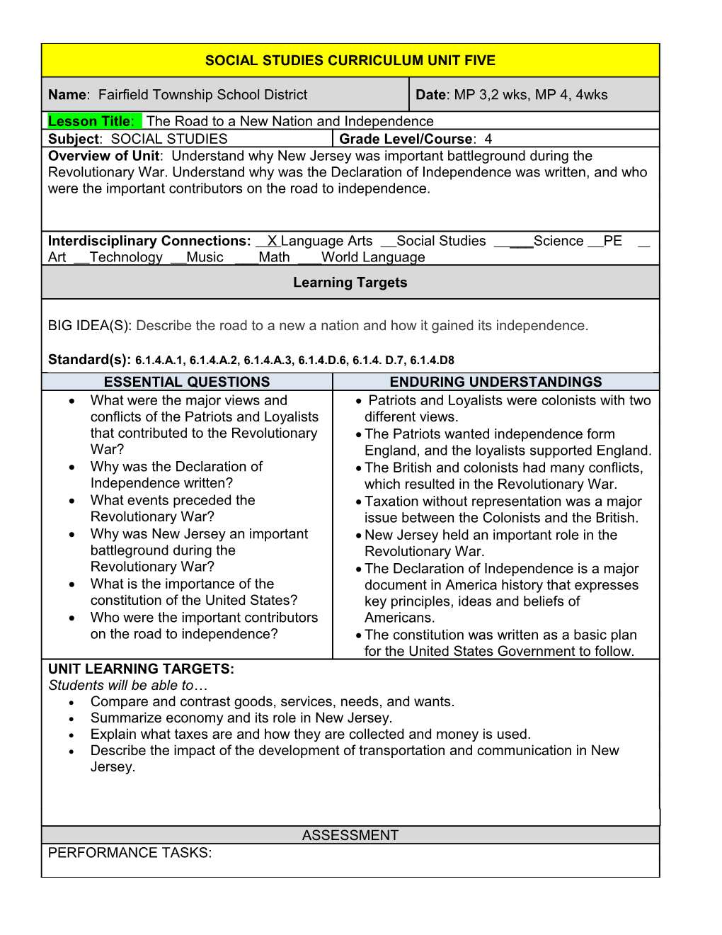 Social Studies Curriculum Unit One