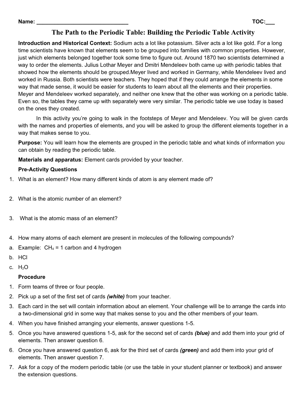 The Path to the Periodic Table: Building the Periodic Table Activity