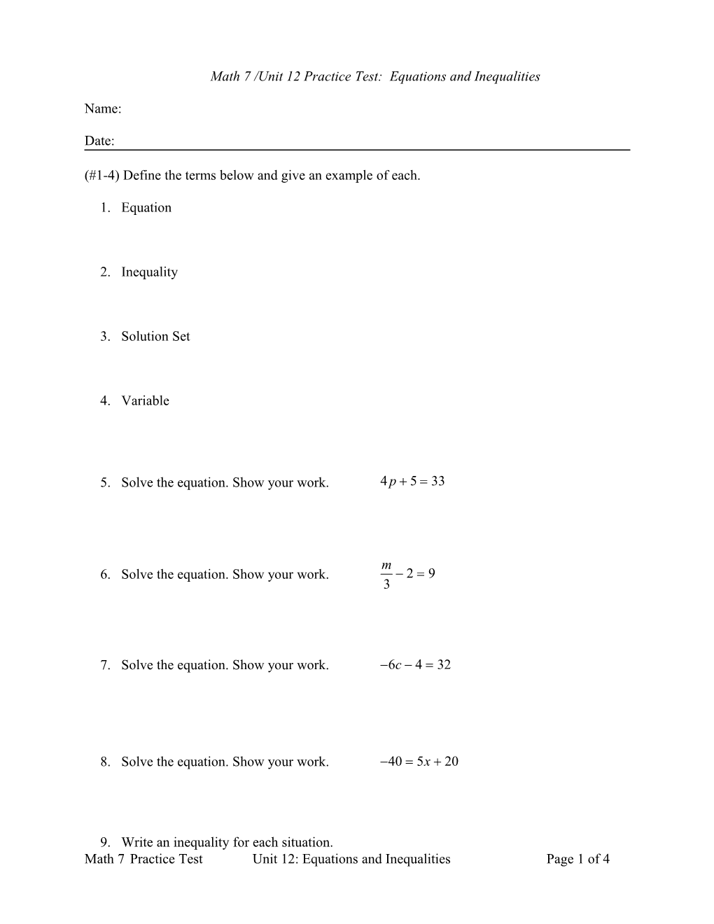 Math 7 /Unit 12 Practice Test: Equations and Inequalities