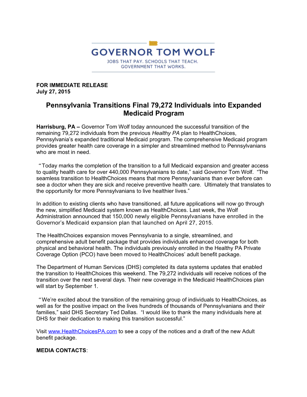 Pennsylvania Transitions Final 79,272 Individuals Into Expanded Medicaid Program