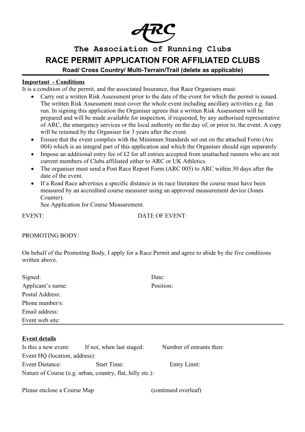 Race Permit Application for Affiliated Clubs