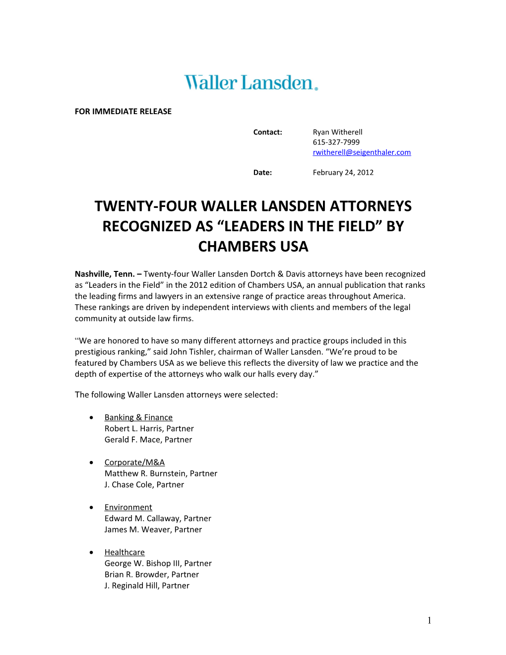 Twenty-Four Waller Lansden Attorneys Recognized As Leaders in the Field by Chambers Usa