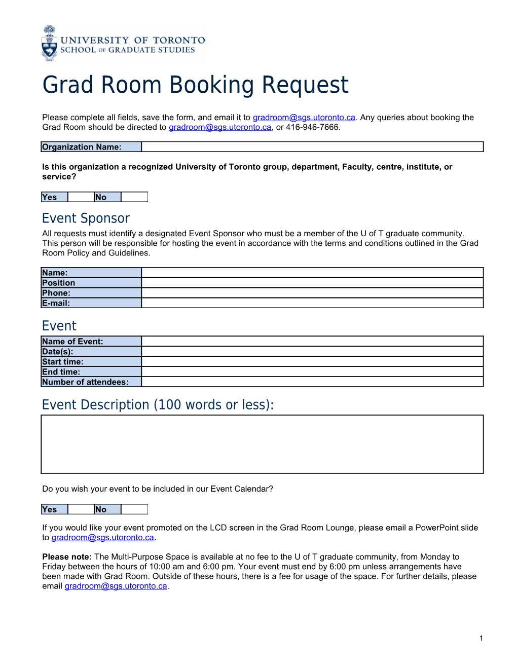 Grad Room Booking Request Form