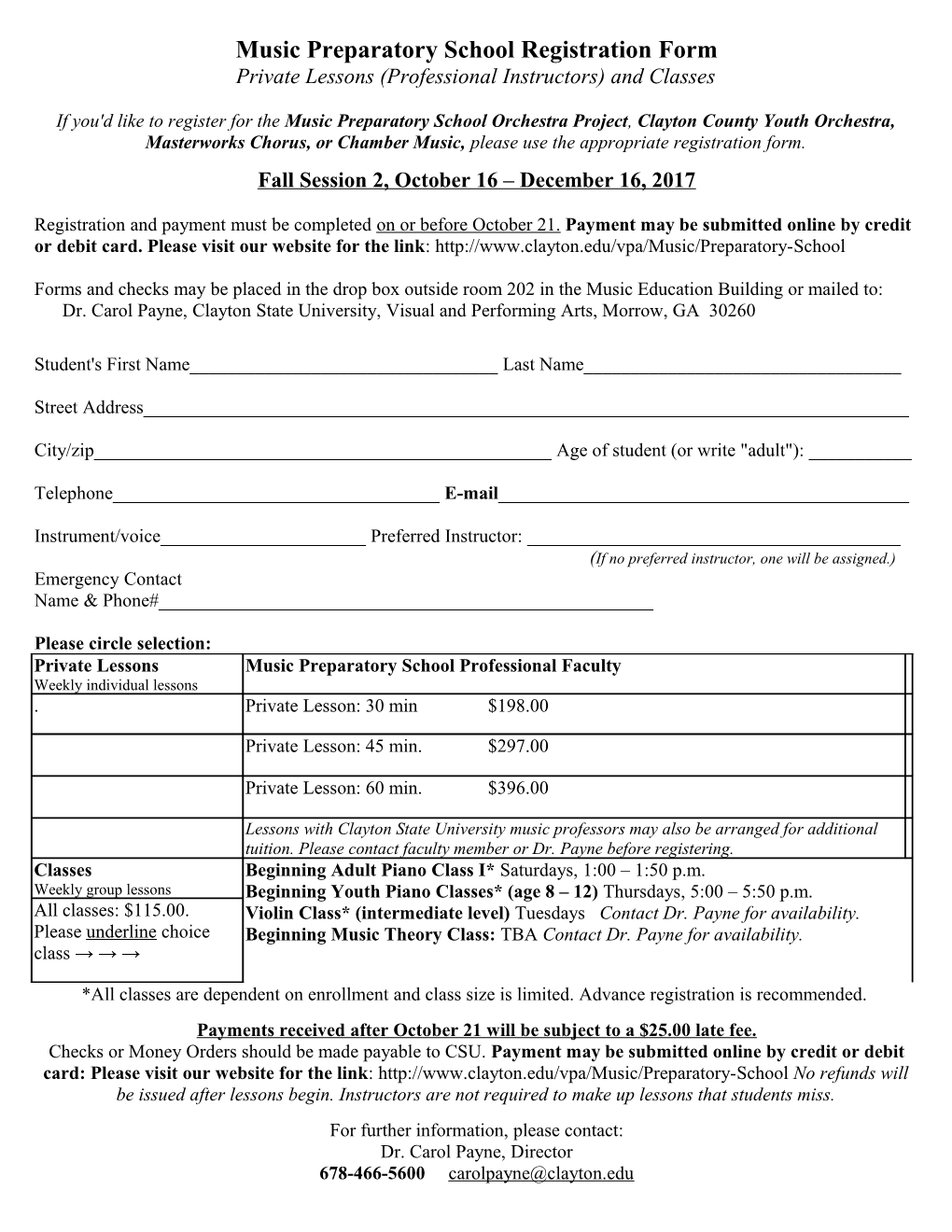 Music Preparatory School Registration Form