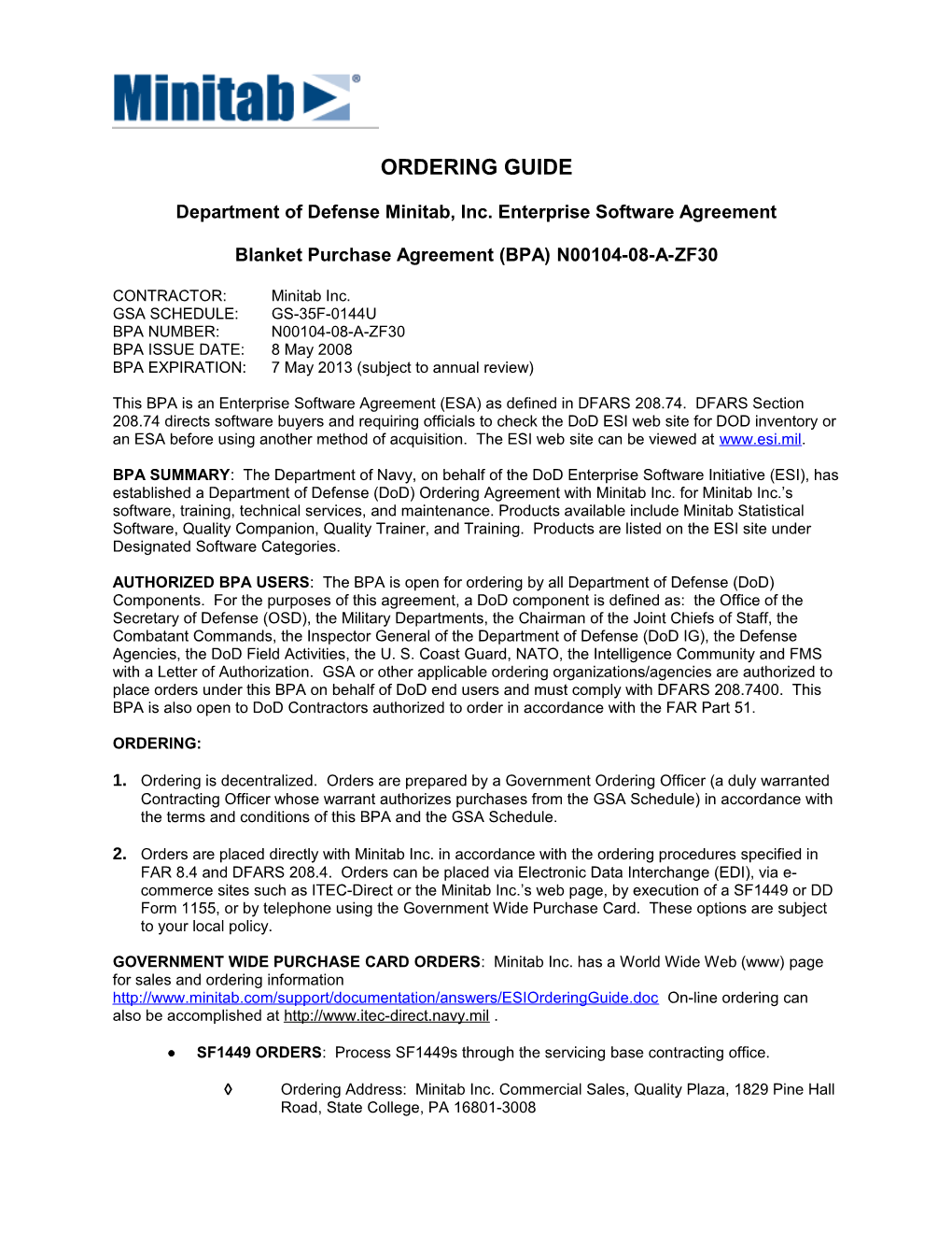 Department of Defense Minitab, Inc. Enterprise Software Agreement