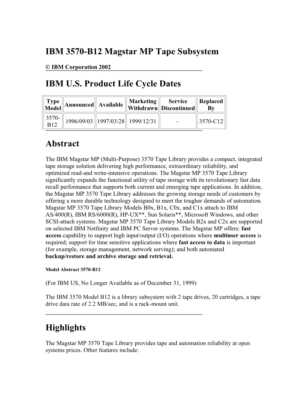IBM 3570-B12 Magstar MP Tape Subsystem