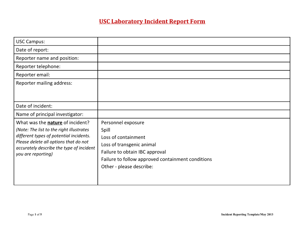 USC Laboratory Incident Report Form