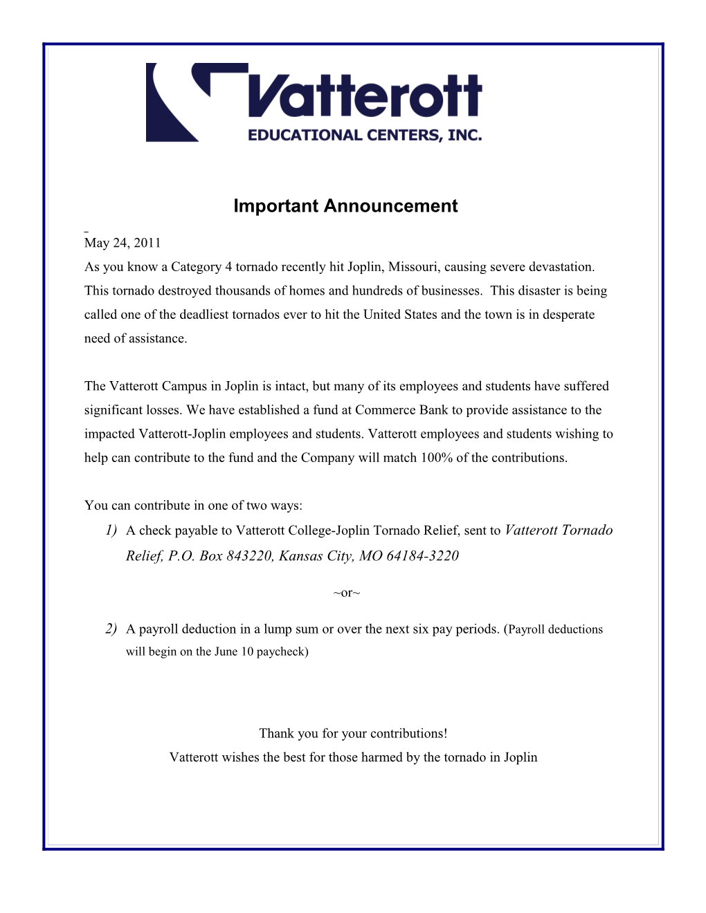 Vatterott Educational Centers, Inc Attestation of Participation