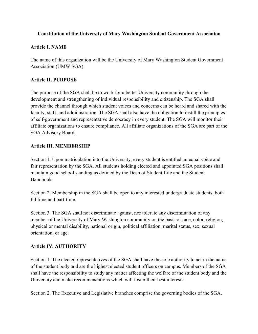 Constitution of the University of Mary Washington Student Government Association