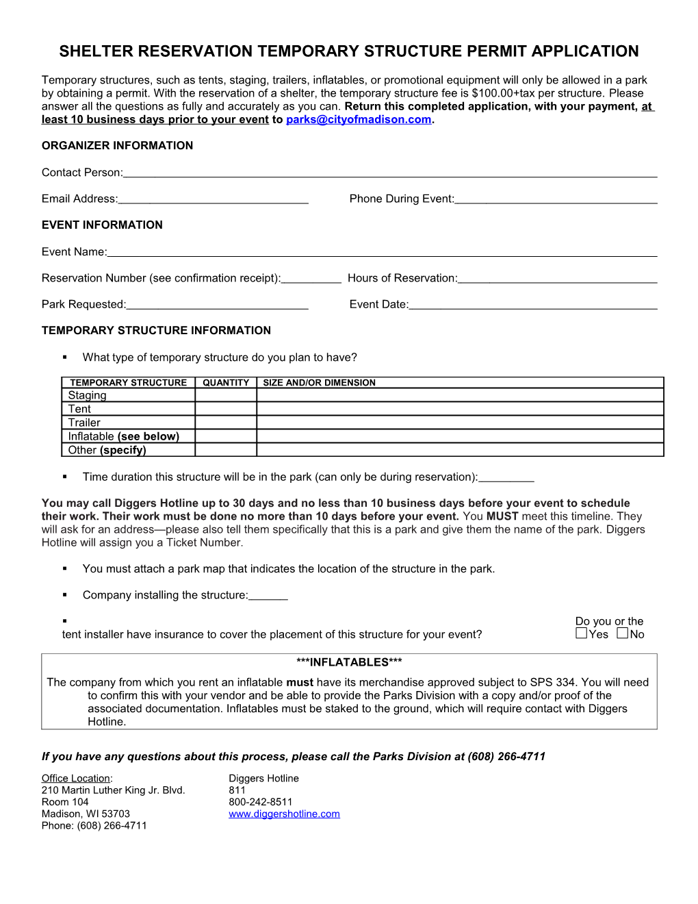 SHELTER RESERVATION Temporary Structure Permit Application