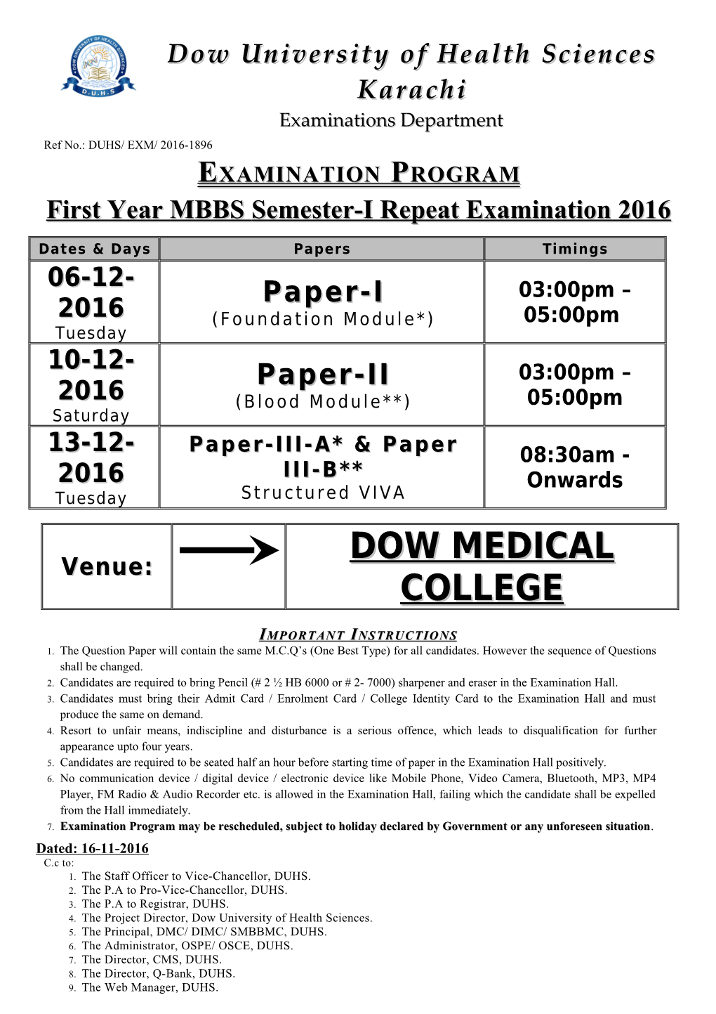 Examination Programme of First Professional MBBS Part a Annual Examination 2005