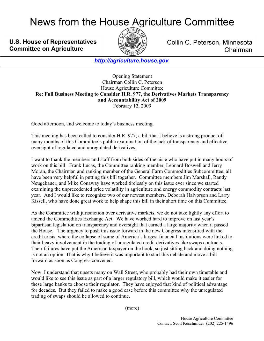 News from the House Agriculture Committee