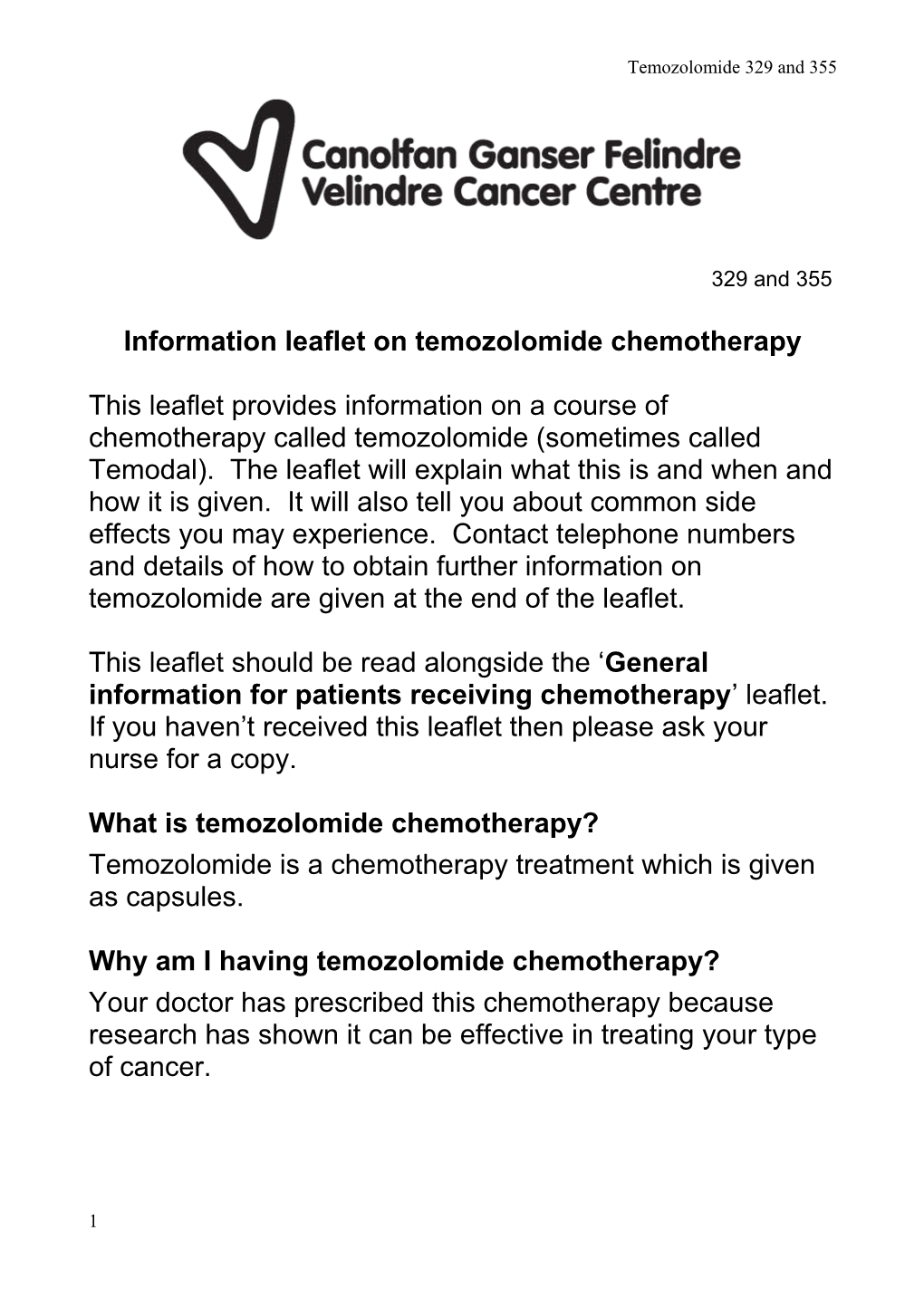 Information Leaflet on Temozolomidechemotherapy