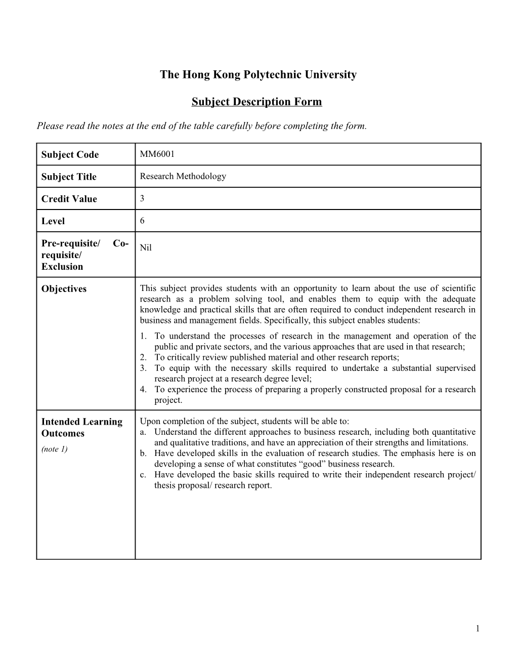 Subject Description Form