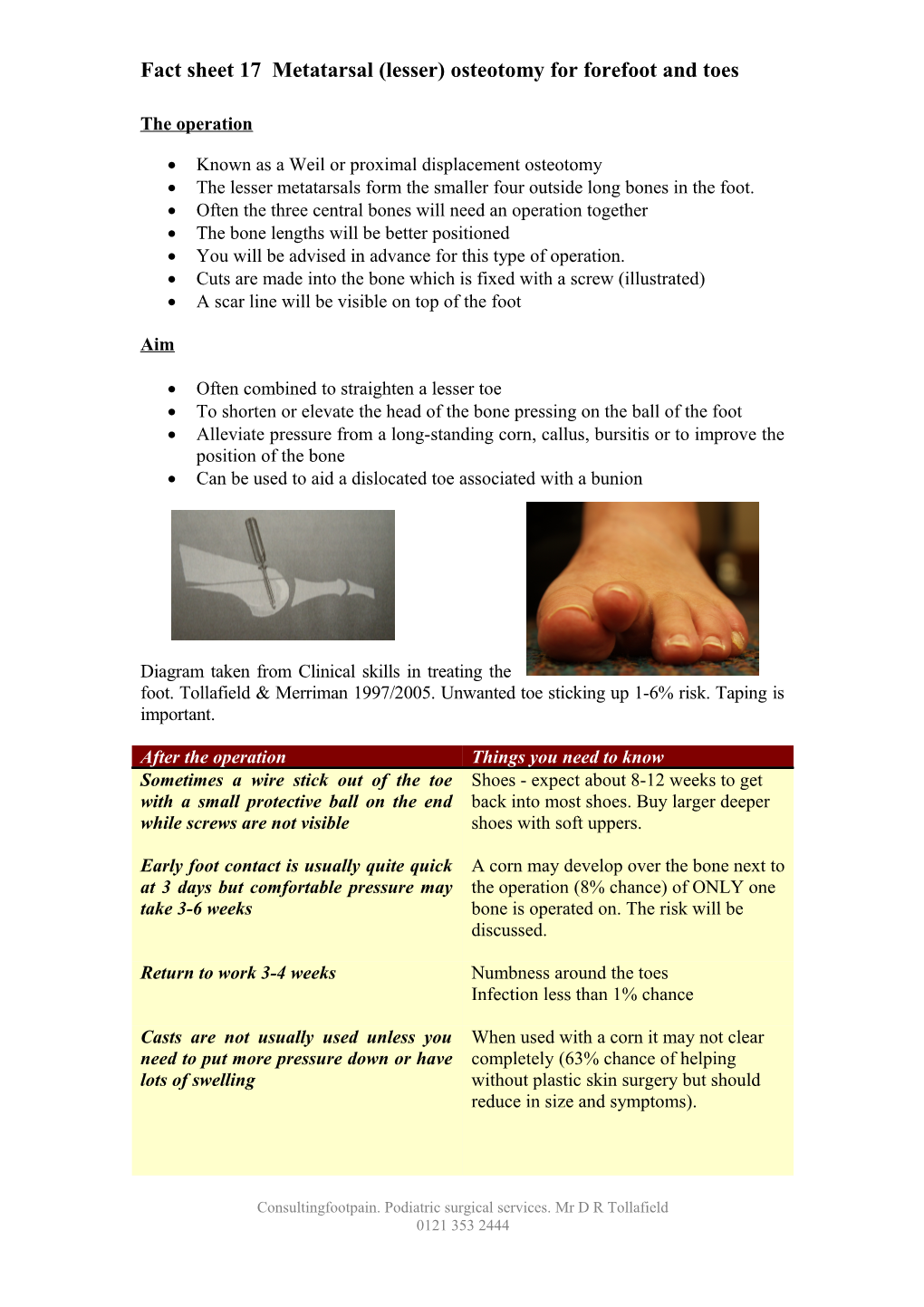 Fact Sheet 17 Metatarsal (Lesser) Osteotomy for Forefoot and Toes