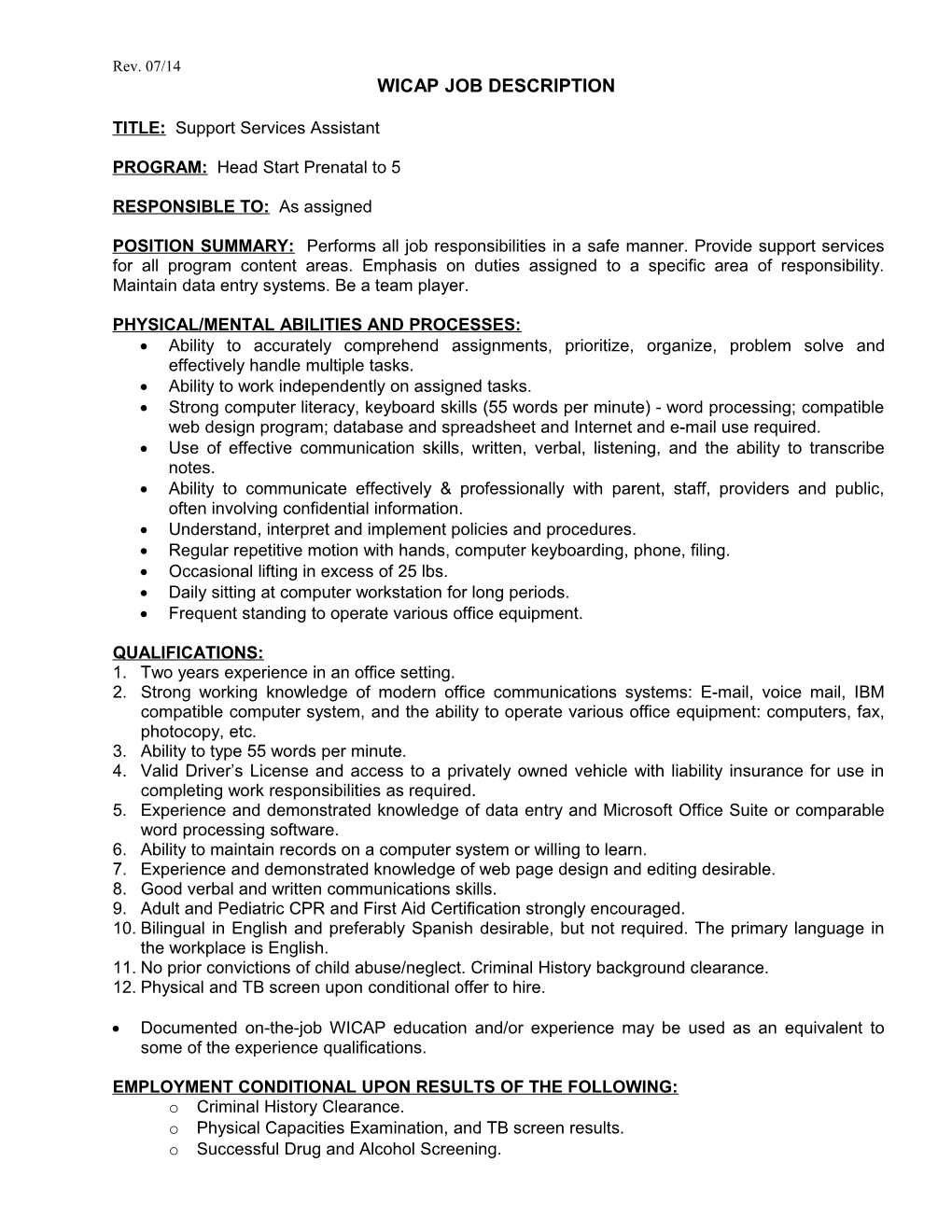 Wicap Head Start Job Description s2