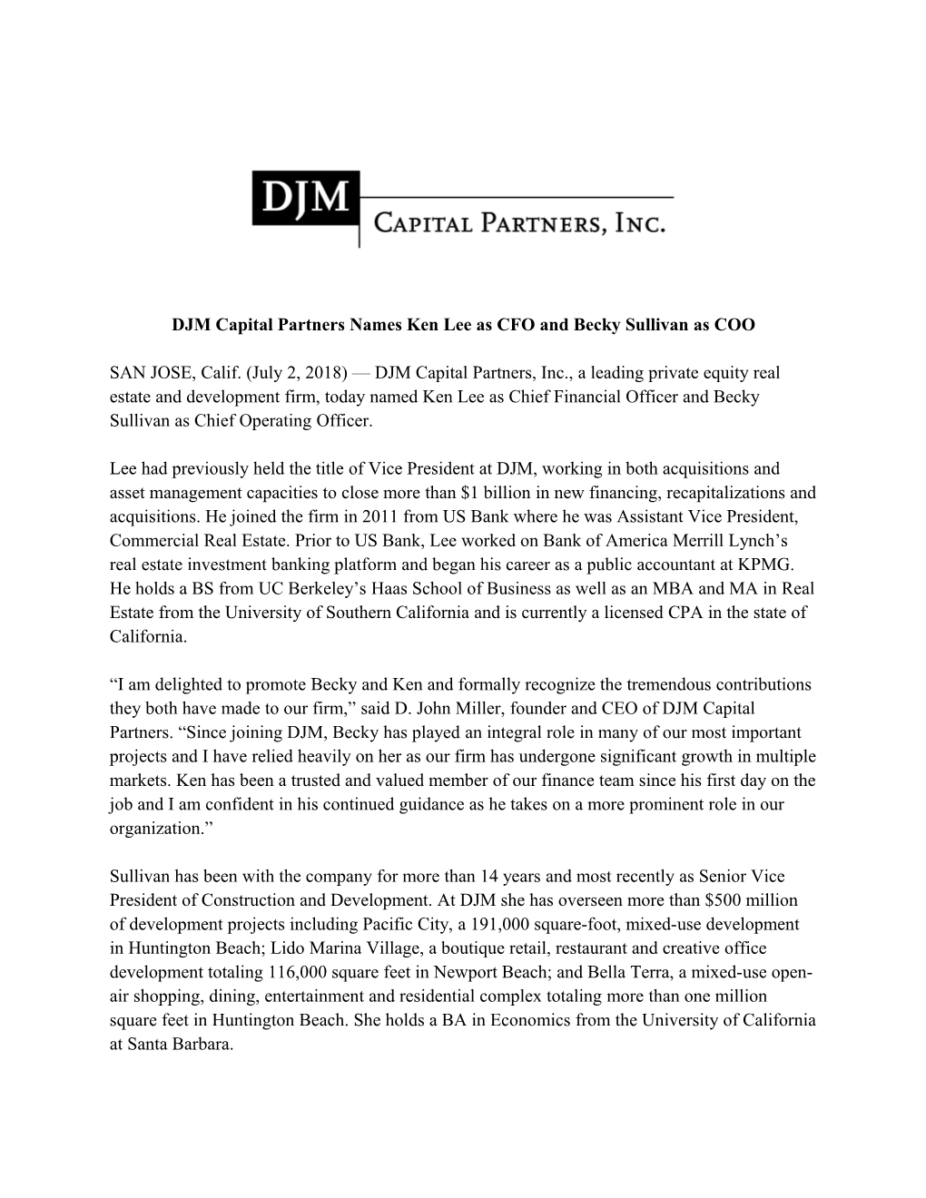 DJM Capital Partners Names Ken Lee As CFO and Becky Sullivan As COO