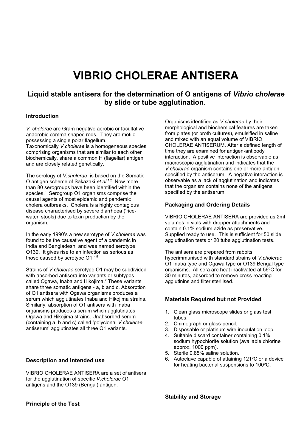 INSTRUCTIONS - Vibrio Cholera Antisera