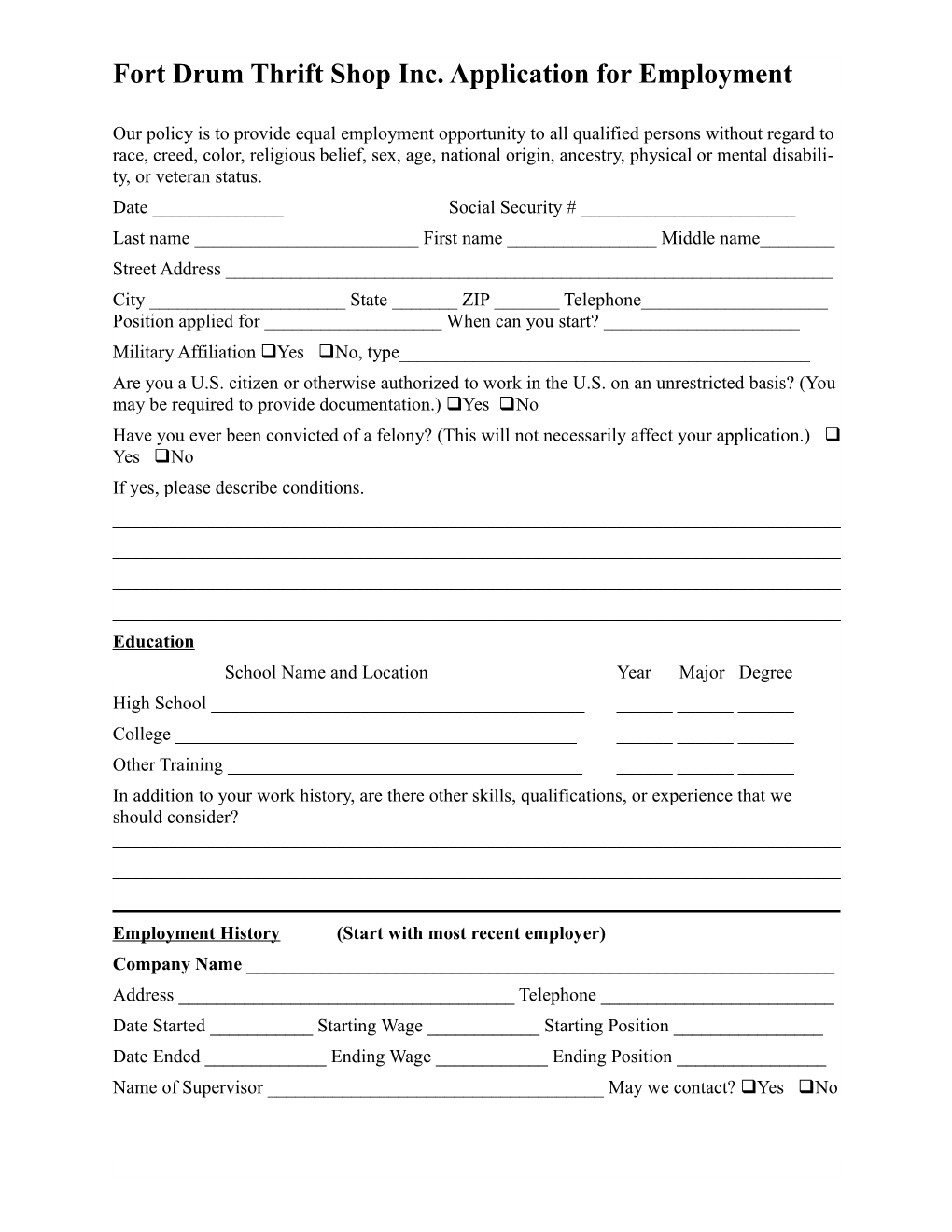 Fort Drum Thrift Shop Inc. Application for Employment