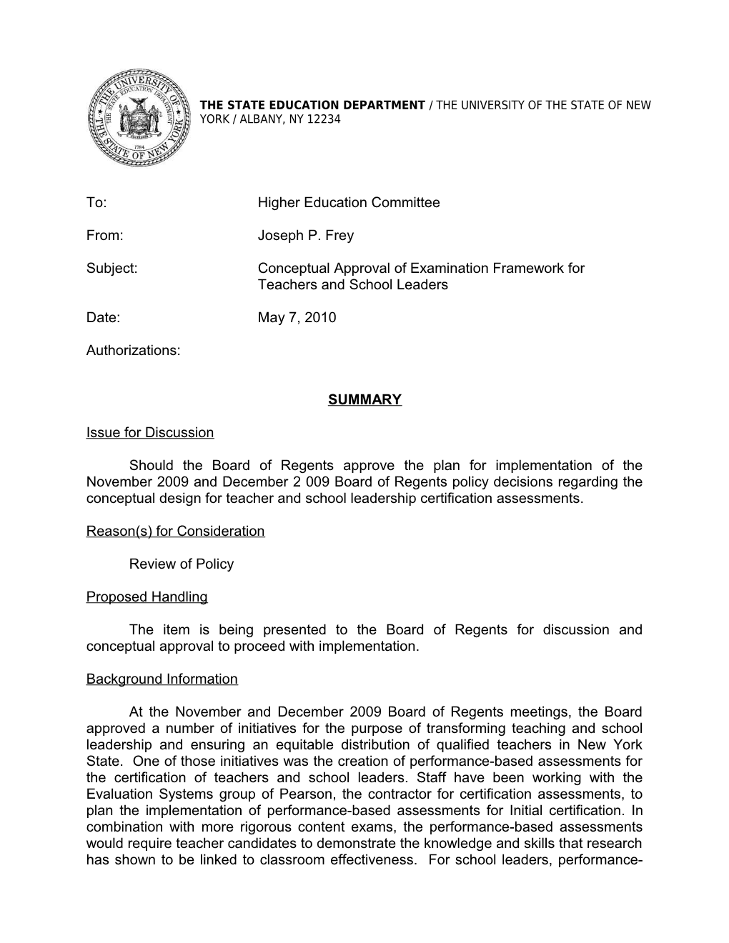 Subject:Conceptual Approval of Examination Framework for Teachers and School Leaders