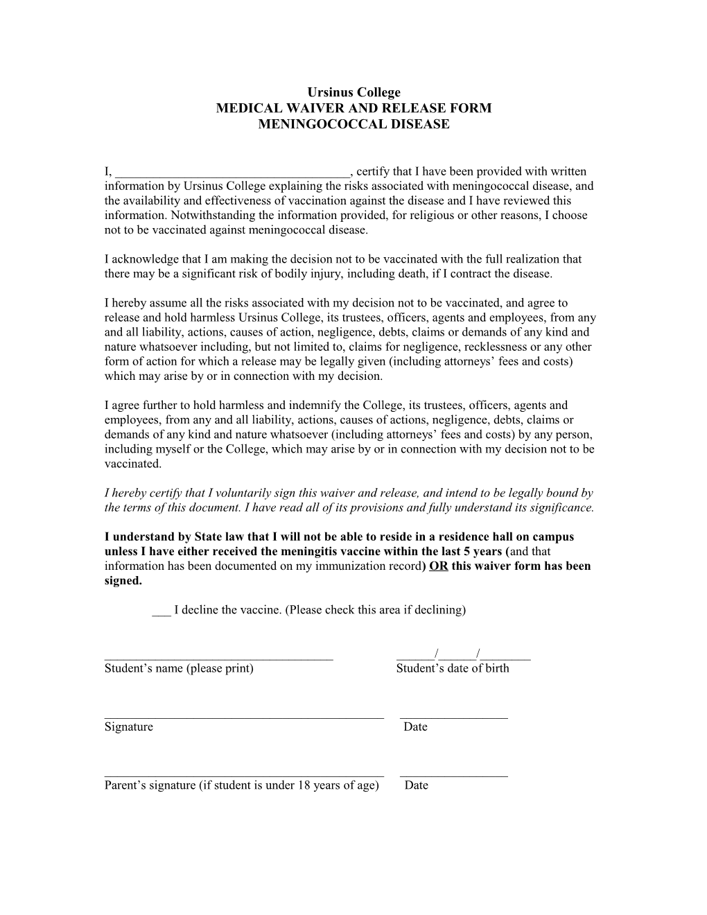 Medical Waiver and Release Form