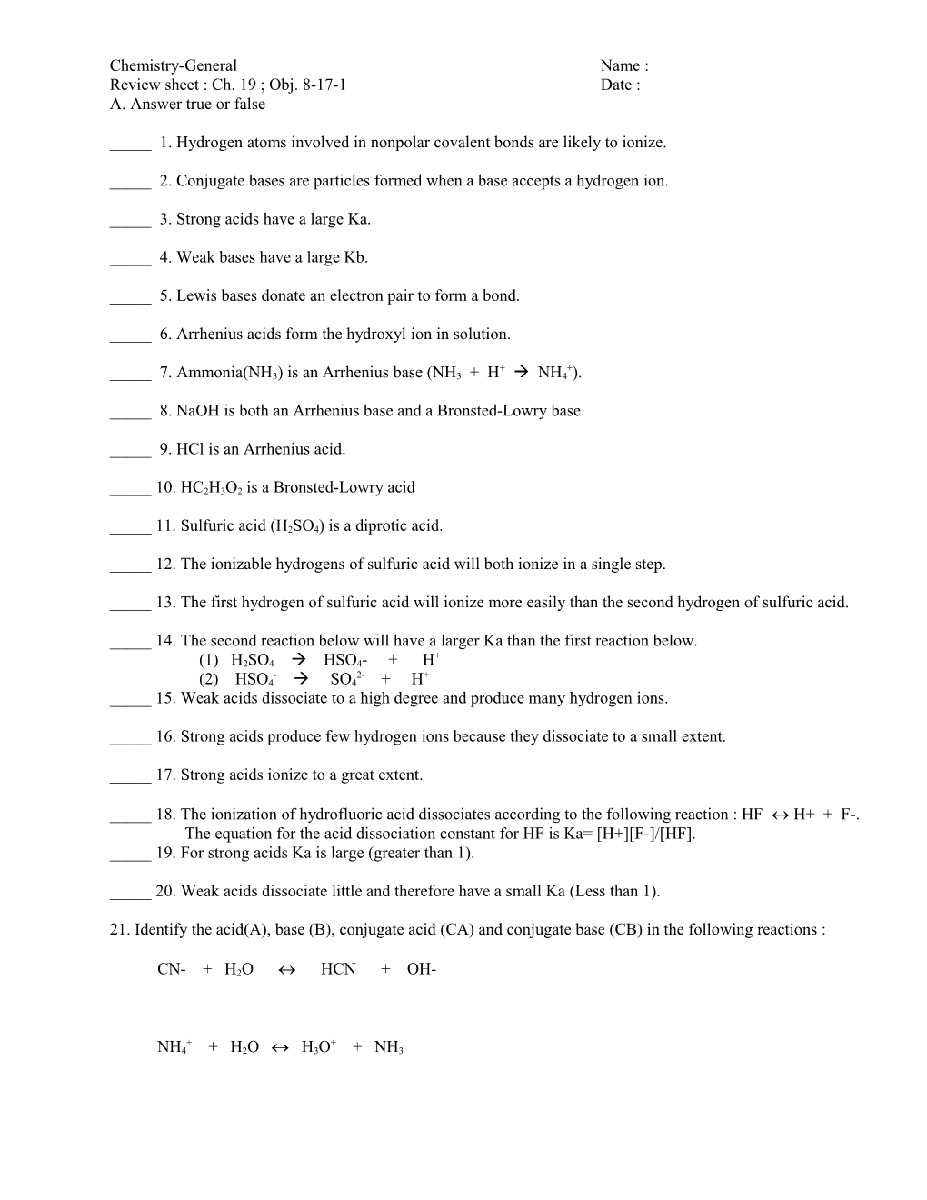 Review Sheet : Ch. 19 ; Obj. 8-17-1 Date