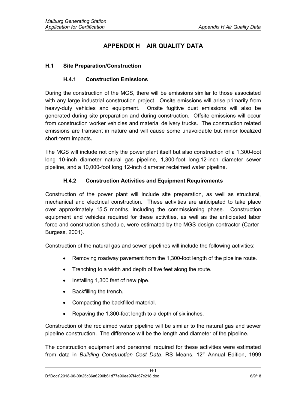 Application for Certification Appendix H Air Quality Data