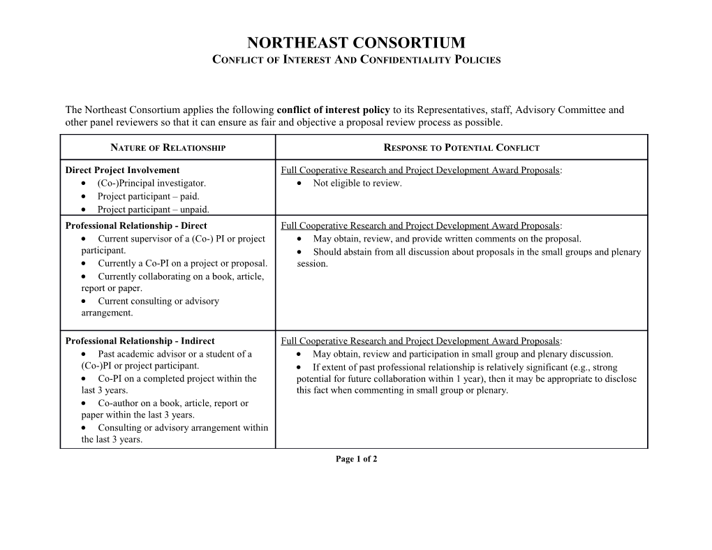 The Northeast Consortium Applies the Following Conflict of Interest Policy to Its