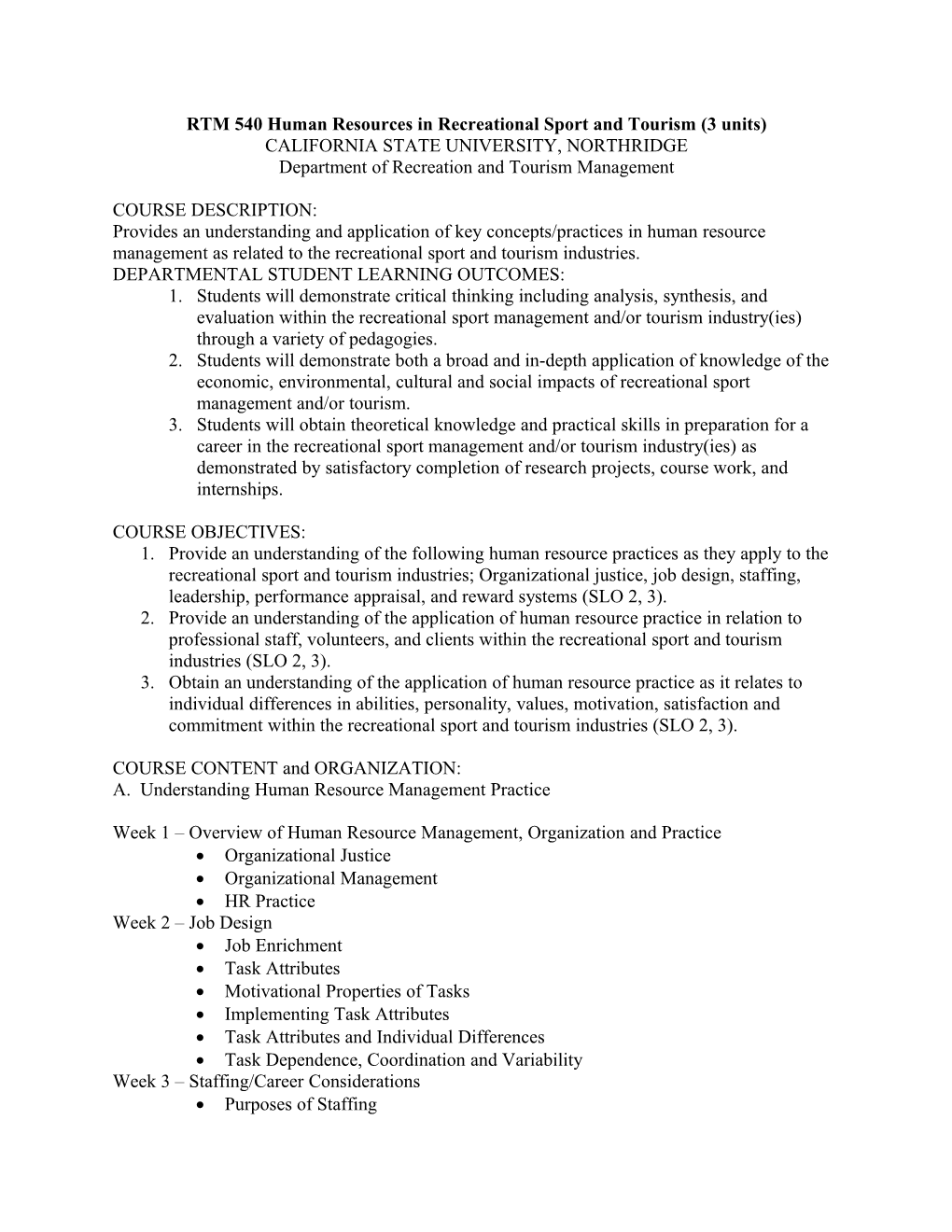 RTM 540 Human Resources in Recreational Sport and Tourism (3 Units)