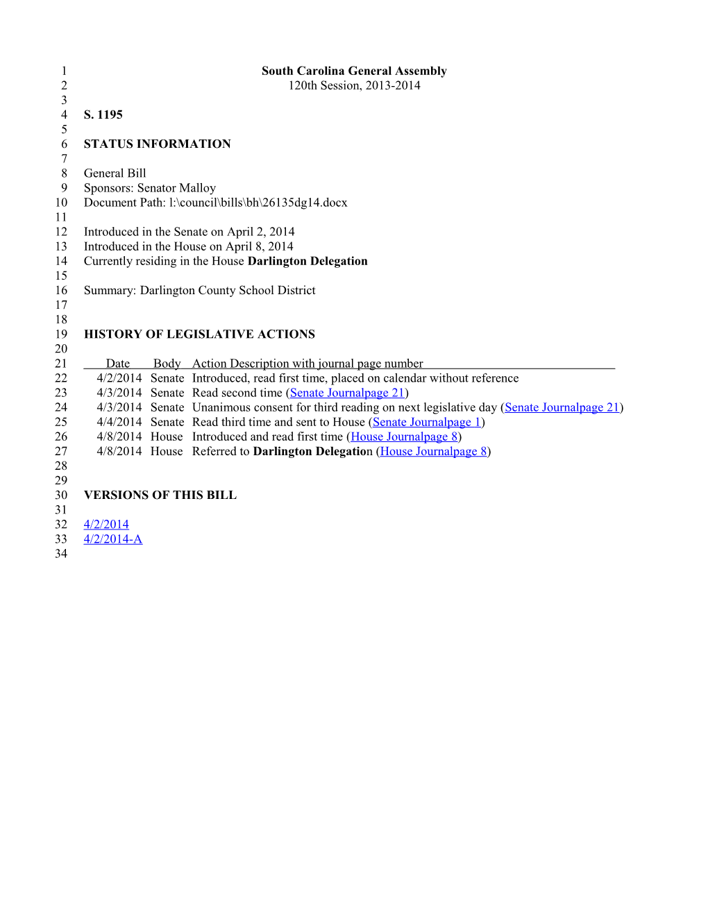 2013-2014 Bill 1195: Darlington County School District - South Carolina Legislature Online