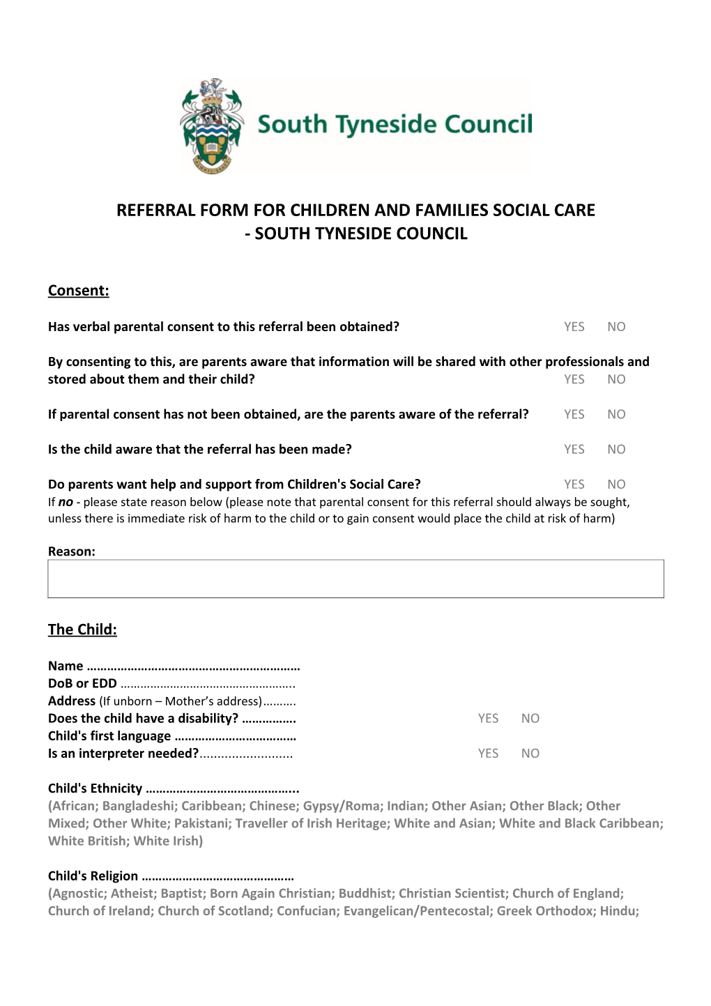 Referral Form for Children and Families Social Care