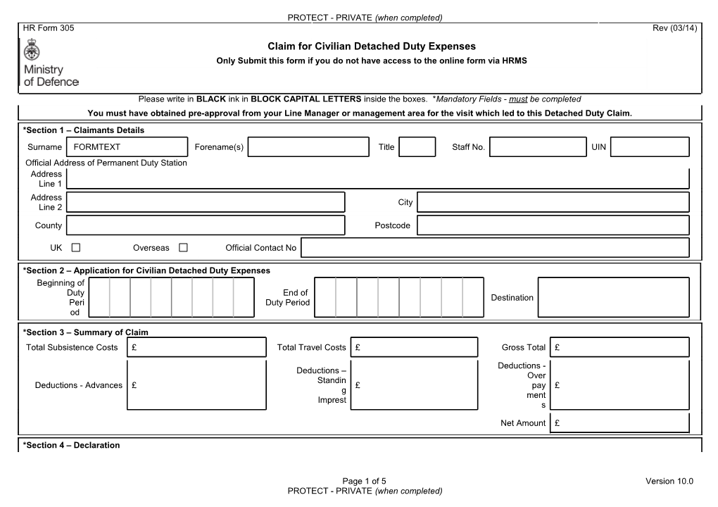 HR Form 305: Claim for Civilian Detached Duty Expenses