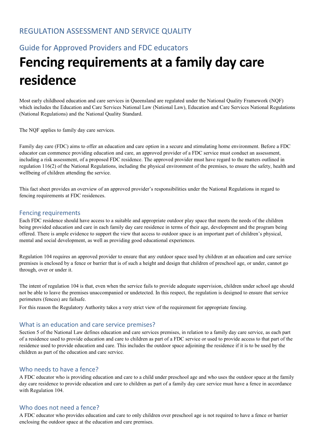 Fencing Arrangements for Family Day Care Residences Fact Sheet