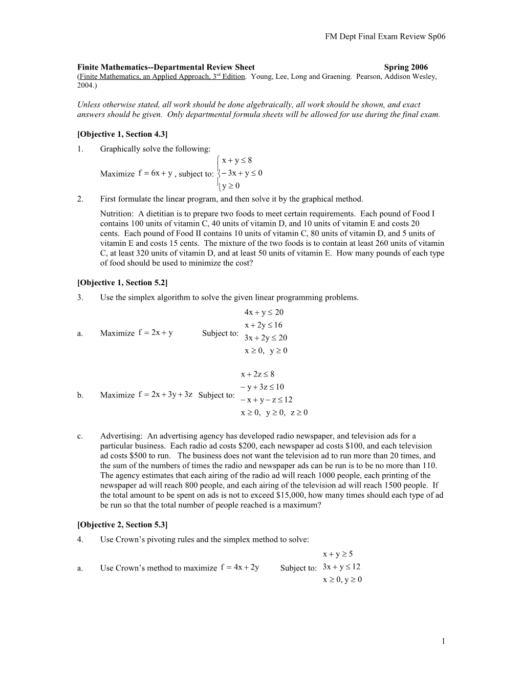 Finite Math Final Exam Review