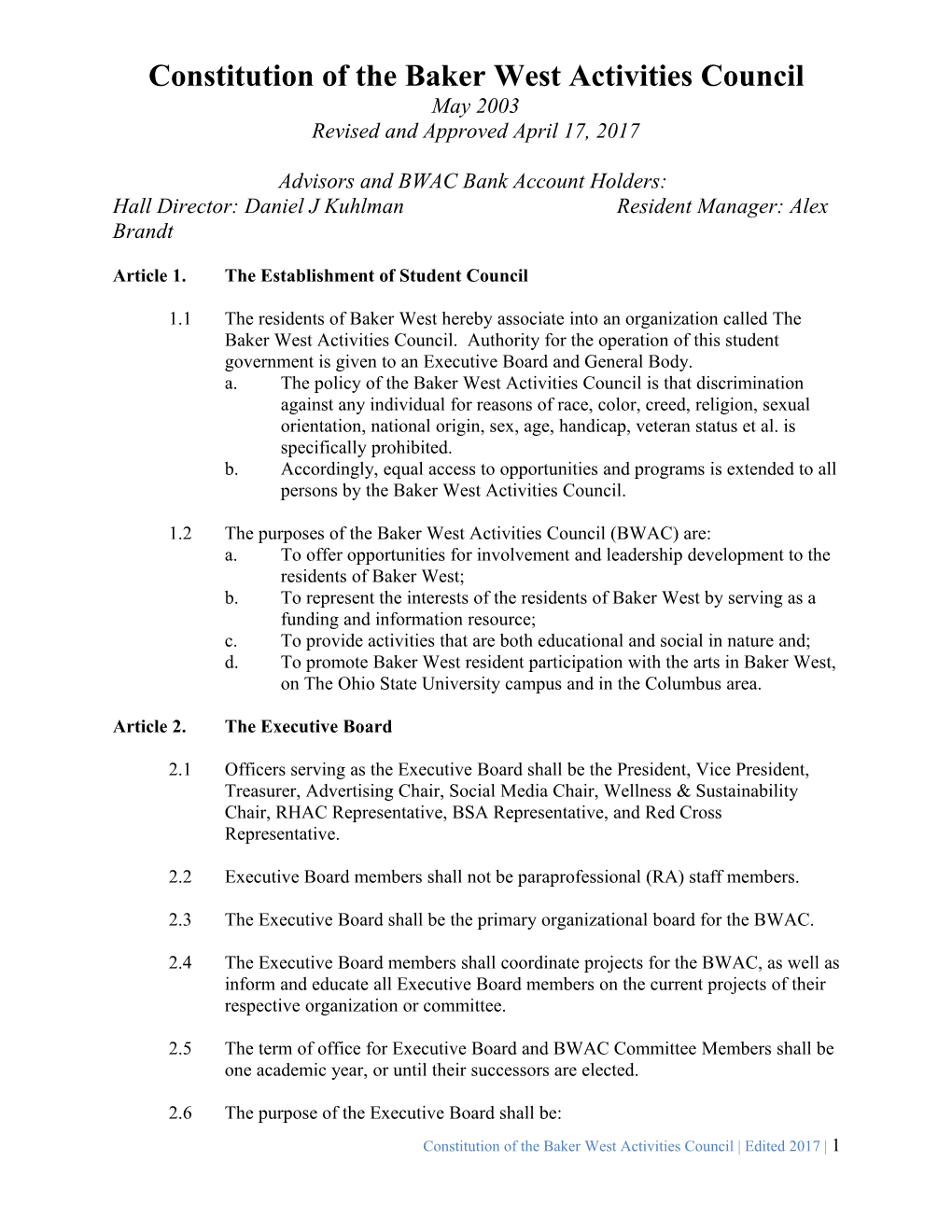 Constitution of the Baker West Arts Council