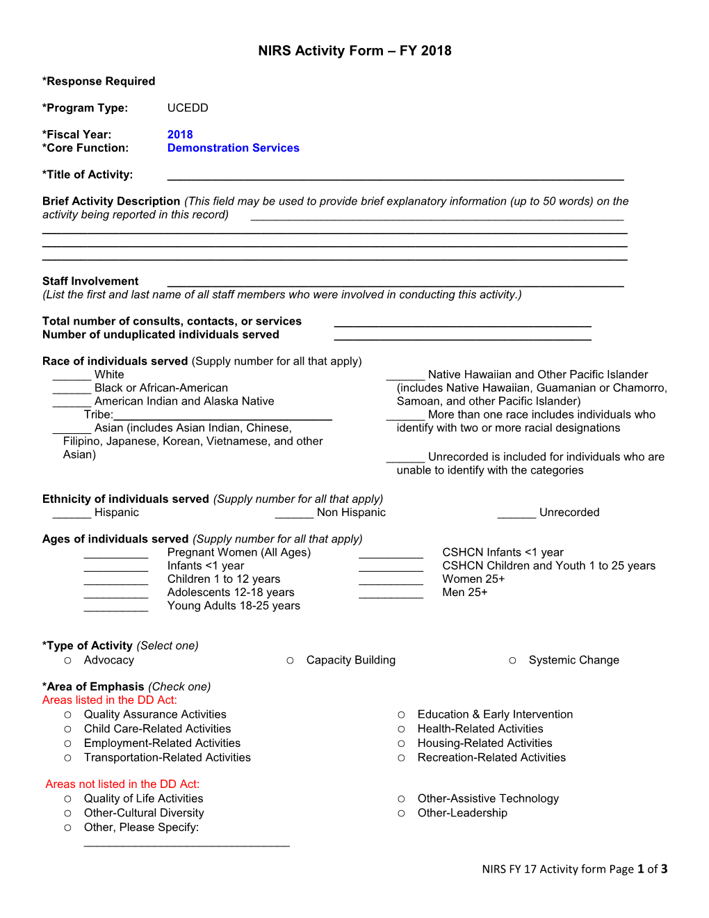 NIRS Activity Form FY 2018