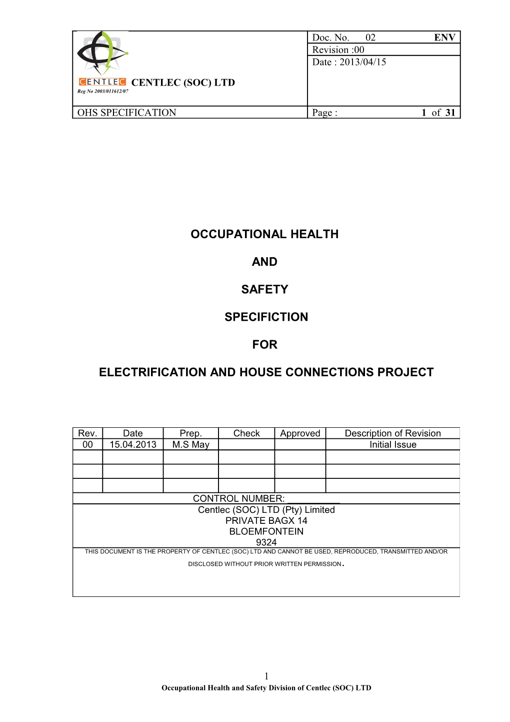 Occupational Health and Safety Specifications