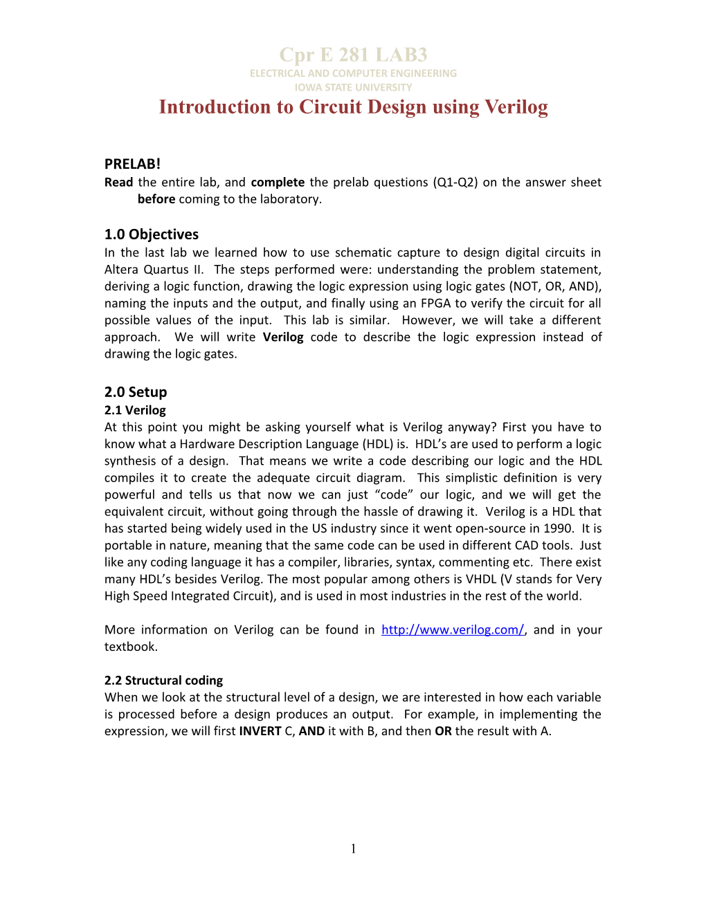 Introduction to Truth Tables, Logic Expressions and Circuit Simulation in Quartus II s1