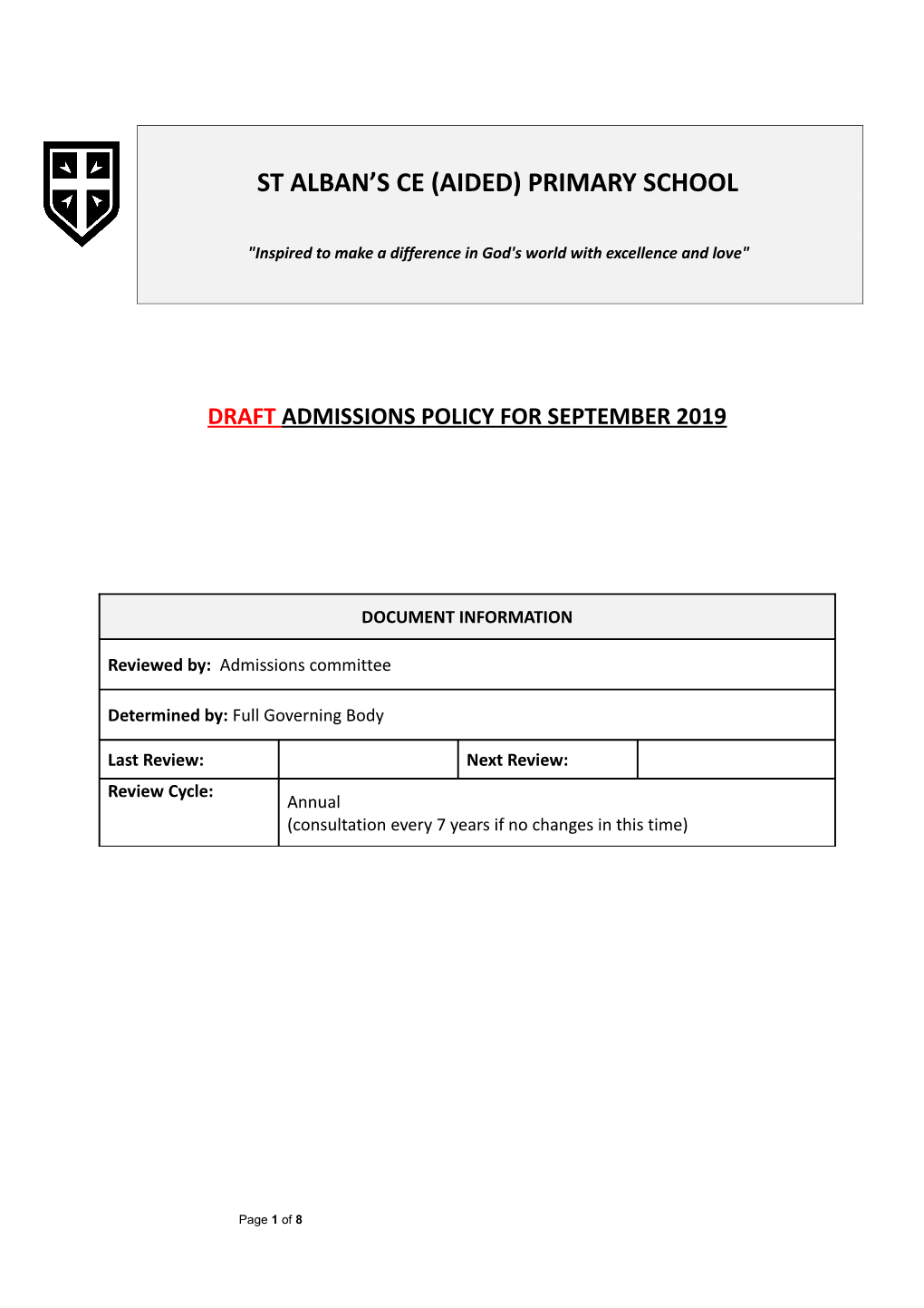 Admissions Policy for September 2014