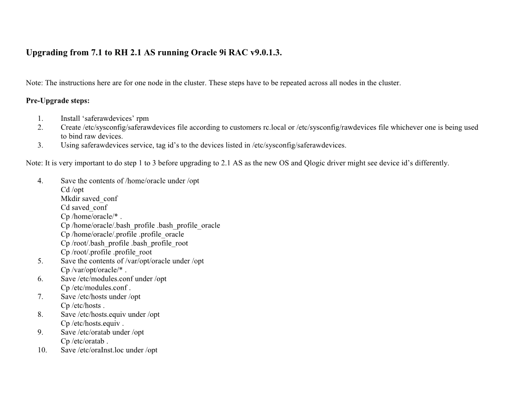 Upgrading from 7.1 to RH 2.1 AS Running Oracle 9I RAC V9.0.1.3
