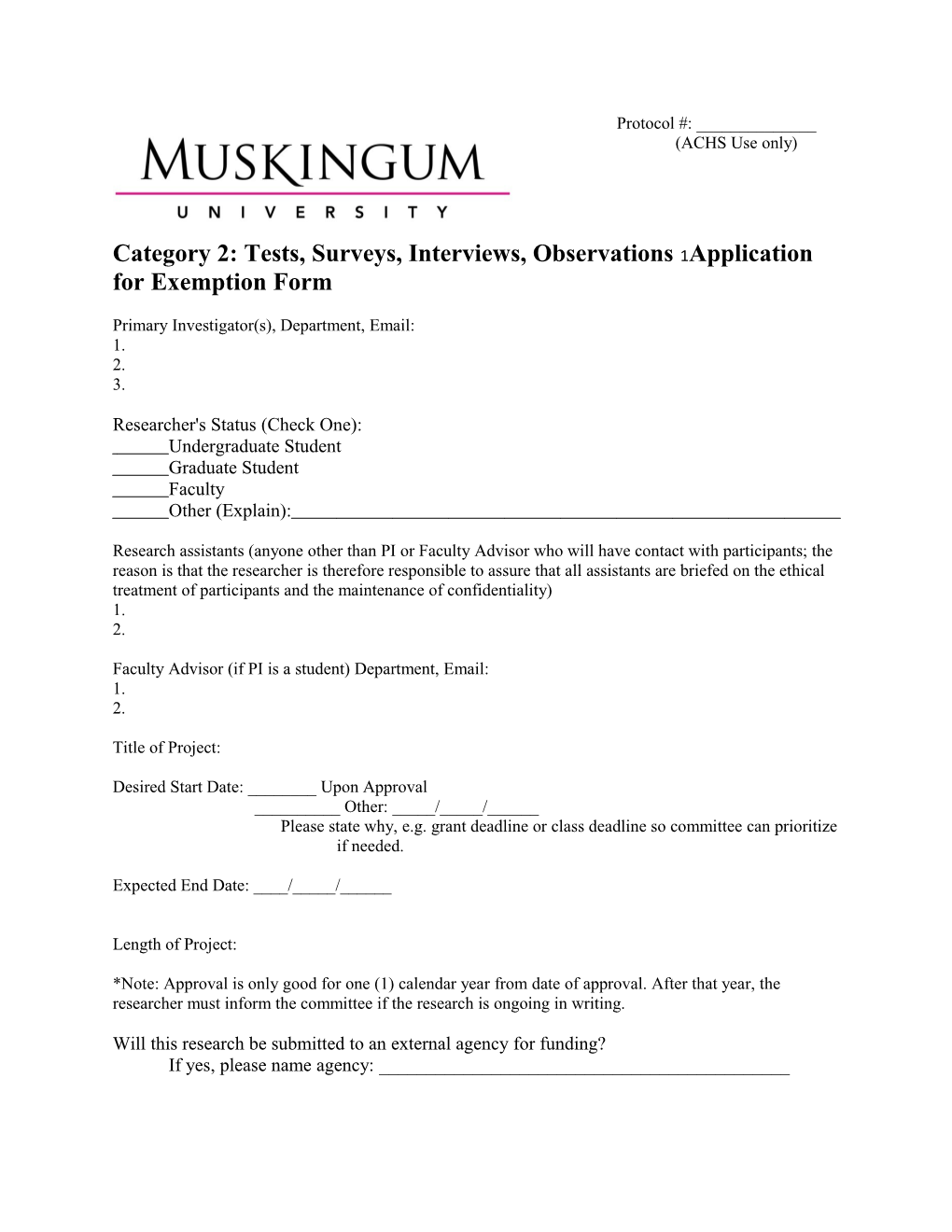 Category 2: Tests, Surveys, Interviews, Observationsapplication for Exemption Form