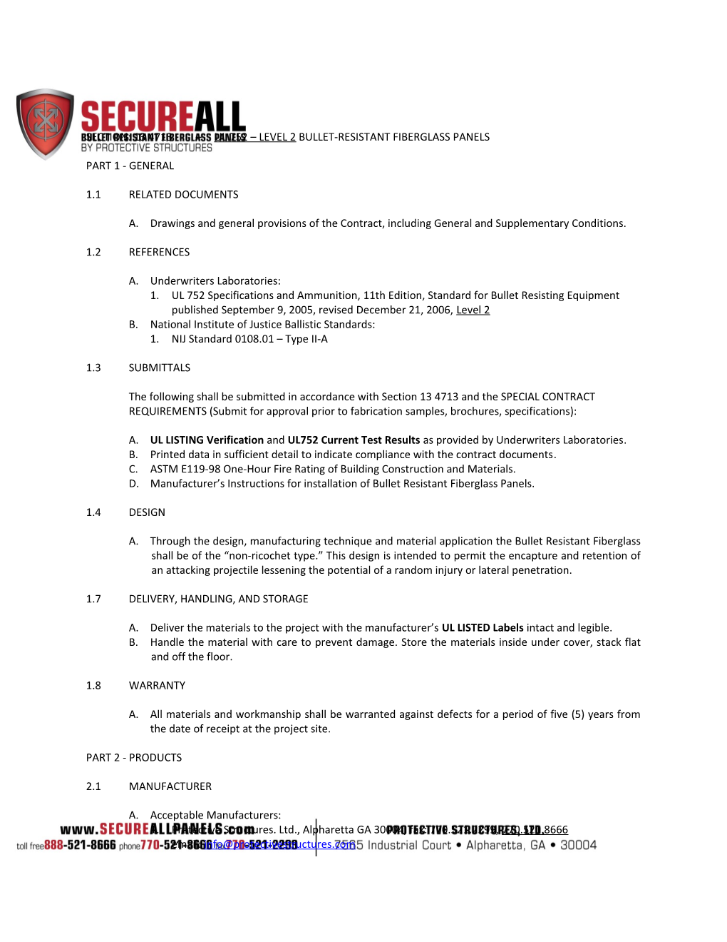 Section: 13 4713 Ul 752 Level 2 Bullet-Resistant Fiberglass Panels