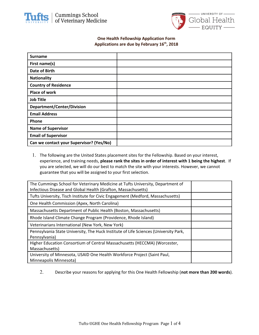 One Health Fellowship Application Form