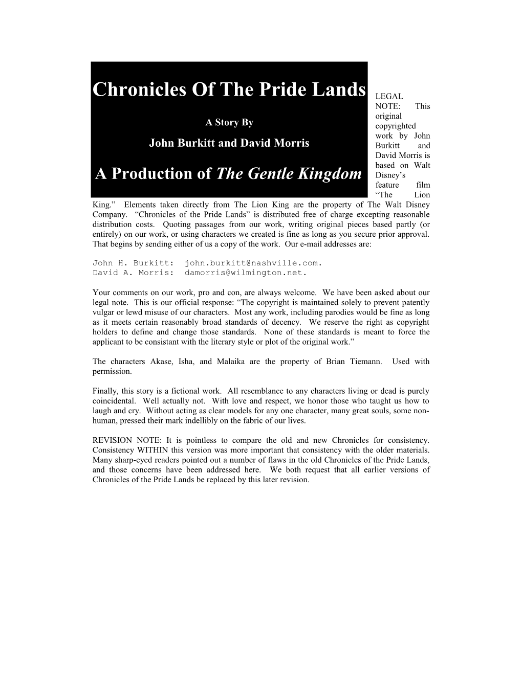 Chronicles of the Pride Lands